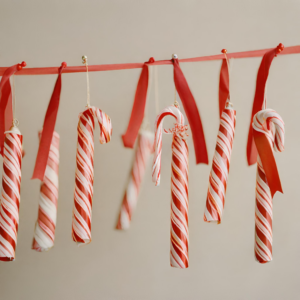hanging candy canes from a ribbon