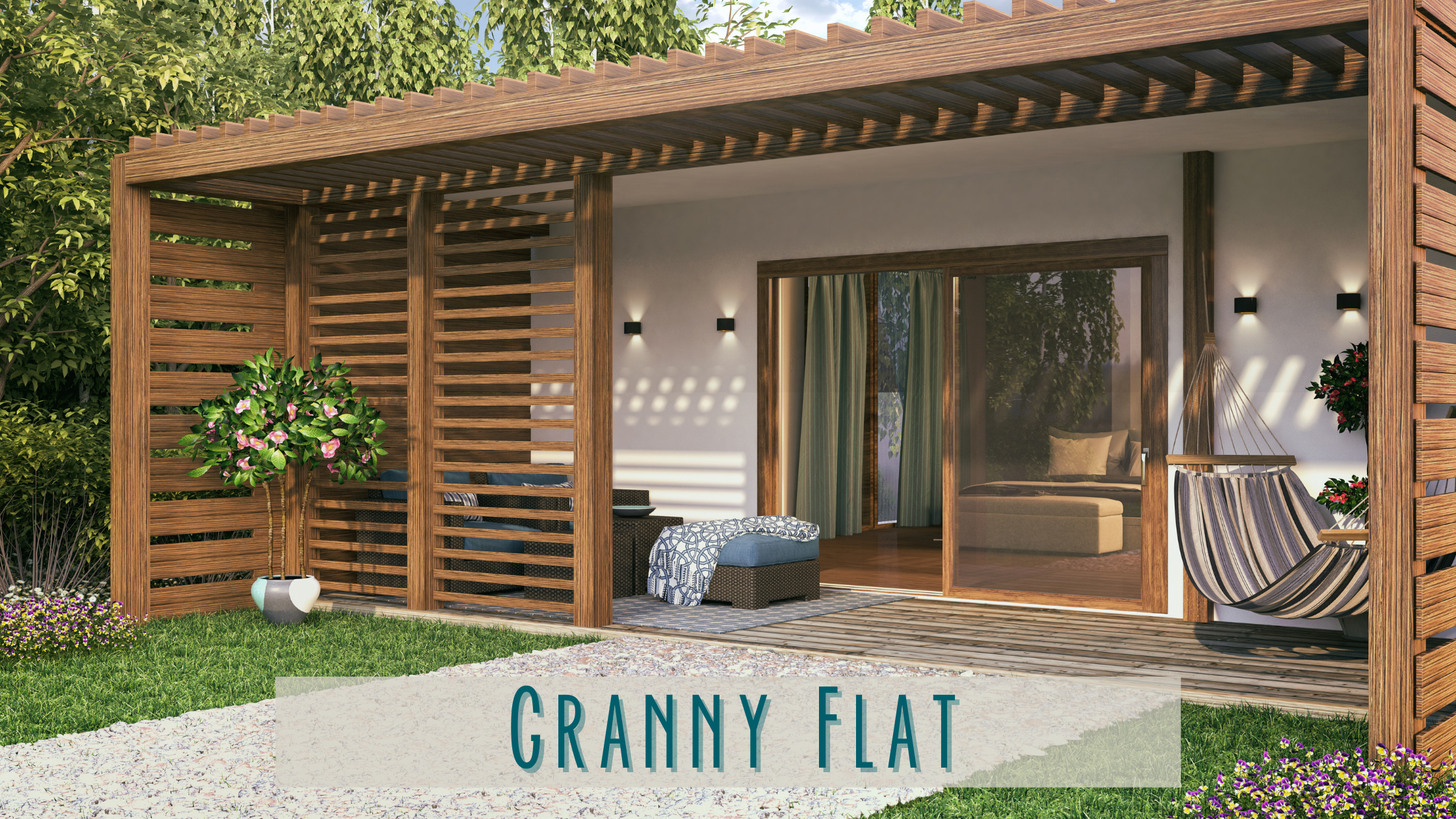 Granny Flat Beautiful backyard dwelling with cover patio that includes outdoor furniture and a hammock, and sliding glass door that leads you into the accessory dwelling.