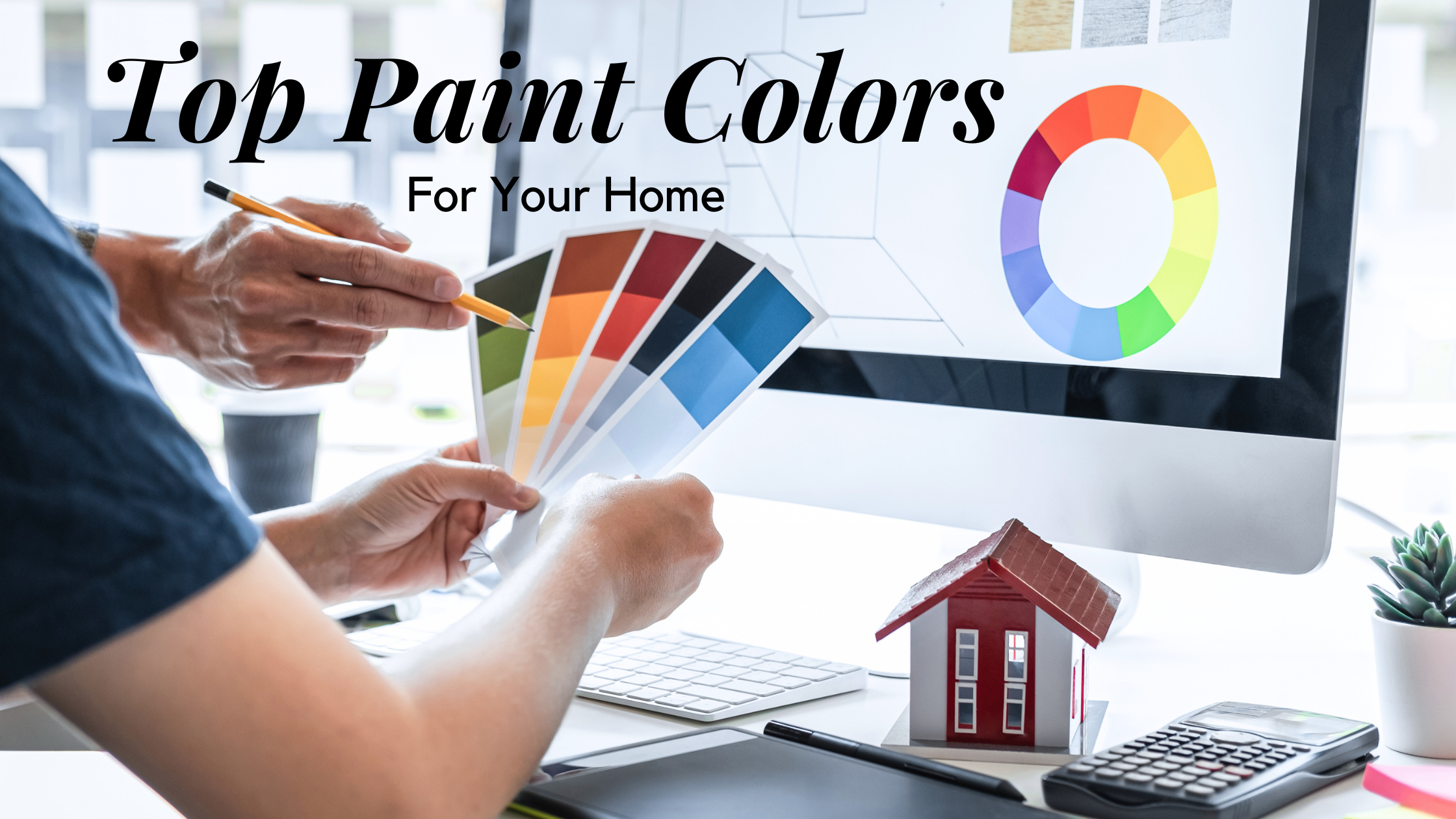 Paint color samples in a person's hand and color wheel on the computer.