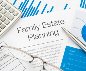 This is an image of an estate planning document. There is a calculator in the upper left hand corner, a pen on the right and a pair of glasses at the bottom.