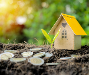 This is an image of a small wood house on the dirt with some coins in front of it.