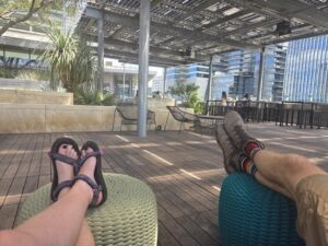 Relaxing on the rooftop garden at the Austin Central Library in downtown Austin