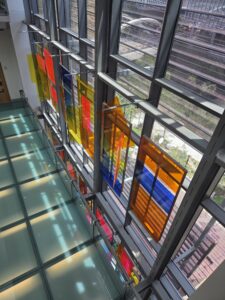 Colorful public art inside the Austin Central Library in downtown Austin