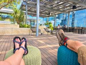 Relaxing on the rooftop garden at the Austin Central Library in downtown Austin