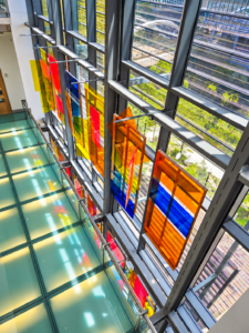 Colorful public art inside the Austin Central Library in downtown Austin